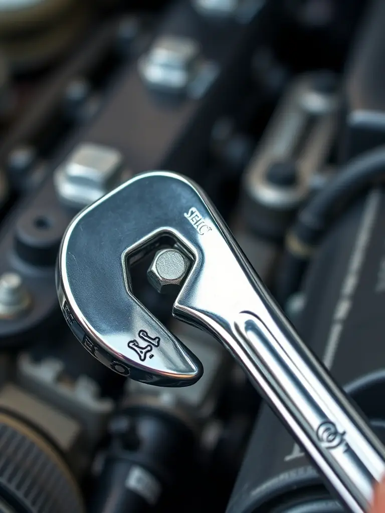 A Guru Kripa Tools crowfoot wrench being used in a tight engine compartment, highlighting its ability to reach difficult fasteners.