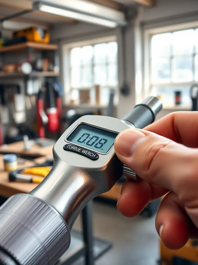 A close-up shot of a Guru Kripa torque wrench displaying a clear torque reading, with a hand adjusting the settings, set against a clean workshop backdrop.