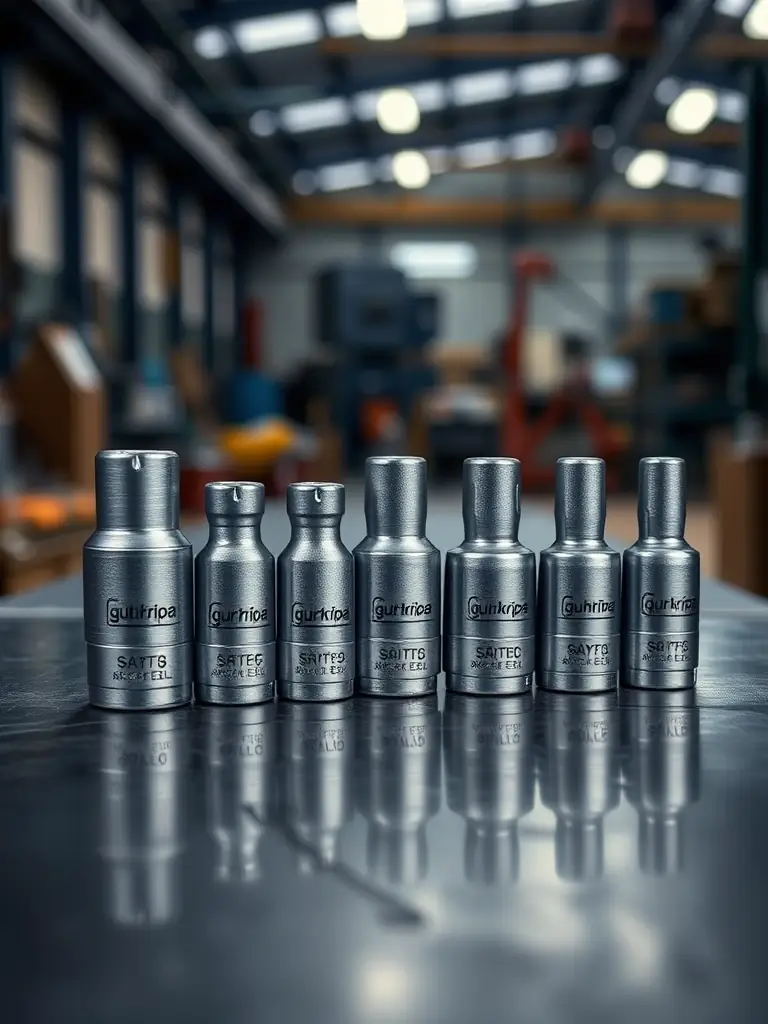 A high-angle, close-up shot of a set of Guru Kripa impact sockets neatly arranged, showcasing their robust construction and varying sizes, set against a blurred industrial background.