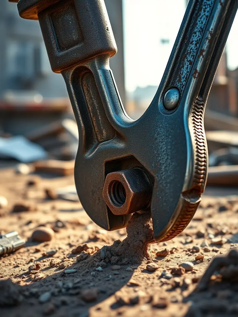 A close-up shot of a Guru Kripa slugging wrench striking a large bolt, showcasing its heavy-duty construction and the force it can deliver, set in a construction site environment.
