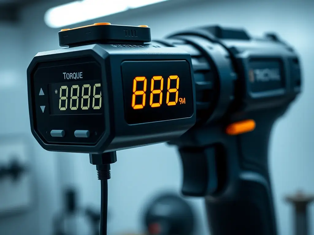 A close-up shot of a Guru Kripa torque wrench displaying a digital readout of the torque setting. The wrench is being held by a gloved hand, and the background is a clean, organized workbench.