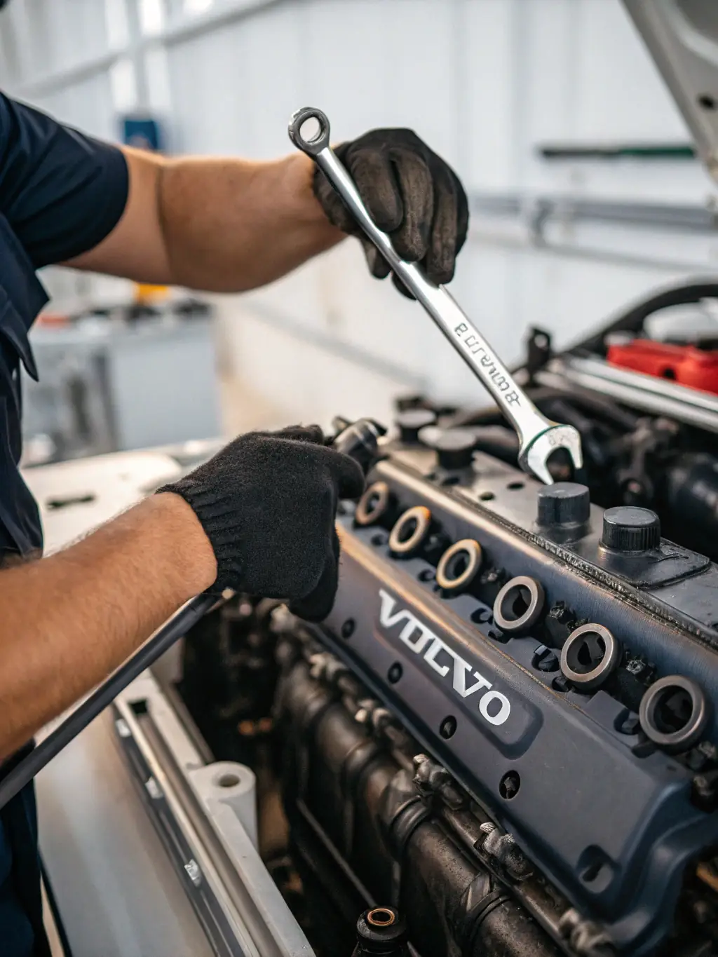 A medium shot of a Guru Kripa crowfoot wrench being used to tighten a bolt in a tight engine compartment, emphasizing its accessibility and precision.