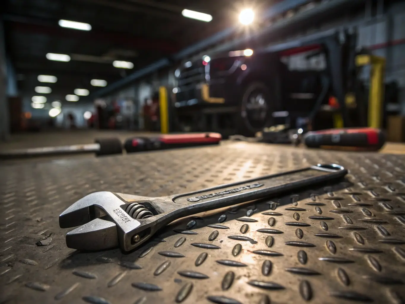 A medium shot of a Guru Kripa crowfoot wrench being used to tighten a bolt in a tight engine compartment. The wrench is chrome-plated and shows signs of heavy use. The background is a blurred engine.